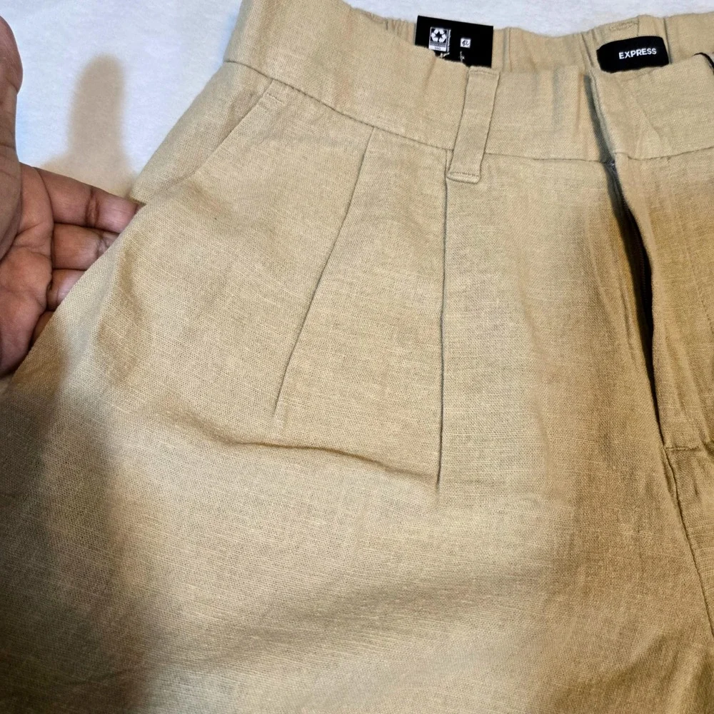 Express Womens Pleated Linen‎ Short Beige High Rise Casual Office 8